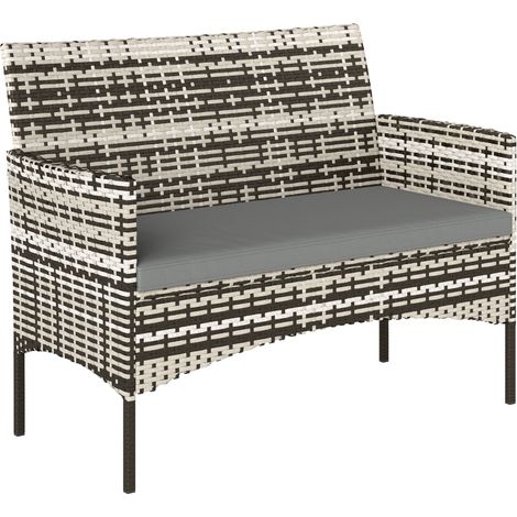 Sofa d'extérieur en rotin 2 places avec coussins, structure en acier, anti-dérapant, pour terrasse, couleur gris clair