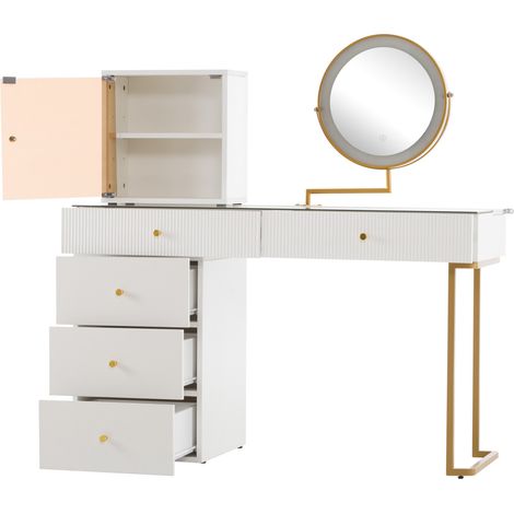 Coiffeuse blanche avec miroir LED, plateau en verre trempé, meuble latéral et armoire, 120 x 45 x 115 cm (1/5)