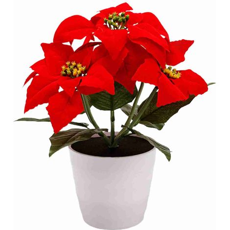 Plante artificielle en pot, fleurs de Noël, poinsettia artificiel, lampe de table décorative lumineuse pour les fêtes (1/5)