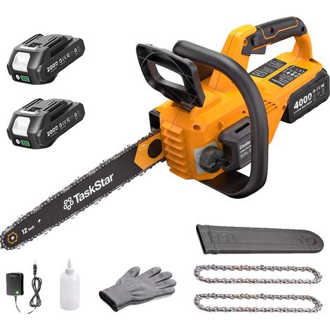 Motosierra inalámbrica, motor sin escobillas, doble batería, con 2 baterías de 2,0 Ah, enchufe europeo de 100V-240V. (1/2)