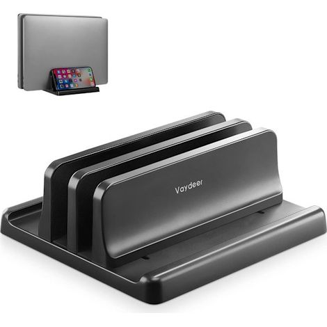 HOXILEELEO - Support vertical pour ordinateur portable (1 pièce), double compartiment réglable, rangement vertical pour ordinateur portable, gain de place sur bureau - Noir (1/5)