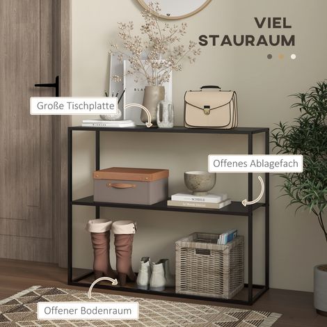 Console buffet 2 étagères acier laqué noir 90x30x75 cm meuble rangement salon (1/4)