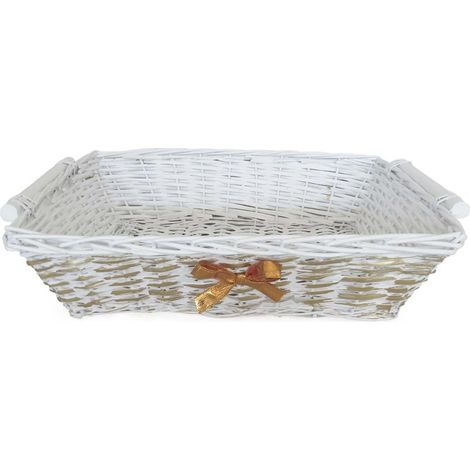 Cesto rettangolare in vimini bianco con nastro oro, 61/57x44x15 cm (kit da 3)