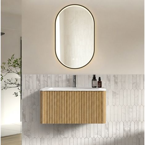 Hängendes Badmöbelset 80 cm mit integriertem Waschbecken und LED-Spiegel 50 x 80 cm Eiche OKWISH (1/5)