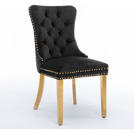 Chaise de salle à manger design haut de gamme, bois massif capitonné, velours noir et or, piètement acier doré, clous décoratifs, pack de 2, Nikki A&A, DE1601BK (1/5)
