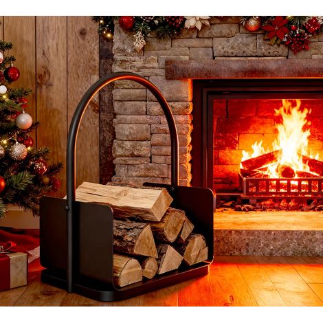 Panier à bois de cheminée – Porte-bûches en acier à revêtement poudré noir avec poignée et bord surélevé – 42 x 28 x 42 cm – Étagère de rangement de bois pour cheminée intérieure et extérieure (1/5)