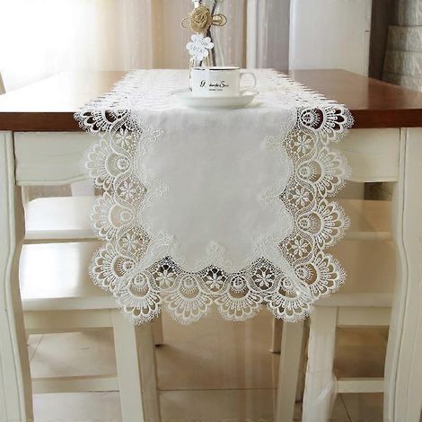 Chemin de table en dentelle romantique, set de table brodé à la française pour table à manger ou meuble TV, set de table rectangulaire blanc en coton antidérapant, lavable (taille : 4012) (1/5)
