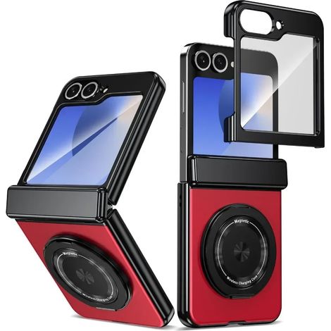 (Rouge, Galaxy Z Flip5) Étui de téléphone de voiture avec anneau magnétique rotatif à 360°, charnière d'écran antichoc et protection arrière. (1/5)