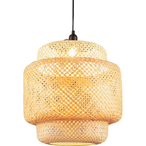Suspension Bambou, Abat Jour Bambou Rustique Fil 0-90cm E27 40W, Suspension Naturelle Plaque de Plafond Métal, Luminaire Bambou pour Salon, Ø 30 x H 30 cm (1/5)