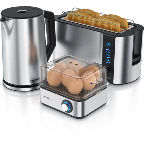 Arendo 3-teiliges Frühstücksset, Wasserkocher 1,5L, Langschlitz Toaster 4-Scheiben , 8er Eierkocher, Silber (1/5)