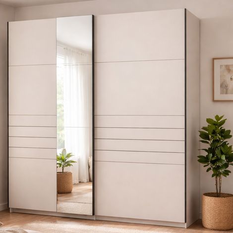 Großer Kleiderschrank Siri, Schlafzimmer Garderobe, 2 Regale, Schiebetür, 195x217,5h cm Cremeweiß (1/5)