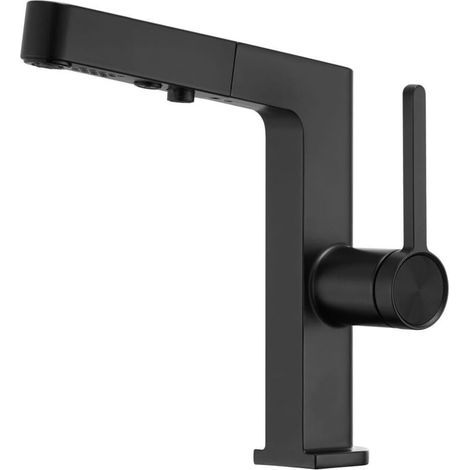 Extendable Matte Black Basin Mixer Tap with Pull-Out Shower, Single-Lever Mixer Tap with 2 Water Spray Patterns (1/4)
