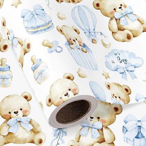 Rouleau De Papier Cadeau « Ours » - Mini Rouleau - 43,2 Cm X 5 M - Papier Cadeau Pour Bébé Garçon En Peluche, Idéal Pour Les Anniversaires De Garçons Et Les Cadeaux De Naissance (1/5)