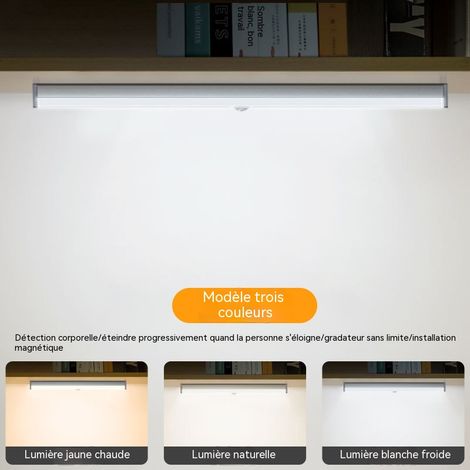 lampe led intelligente a detection de mouvement magnetique pour placard armoire couloir chambre veilleuse sans fil trois couleurs lumiere constante detection gradable 100 mm avec cable de recharge (1/4)