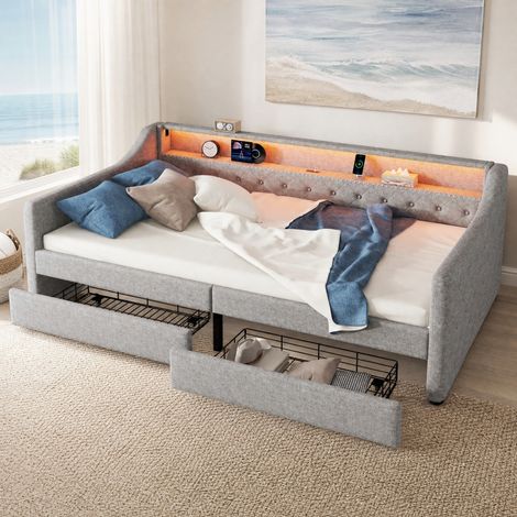 Divano Letto con 2 cassetti con luce LED e telecomando con presa USB, in lino e MDF, 214x106x78,5 cm, grigio (1/5)