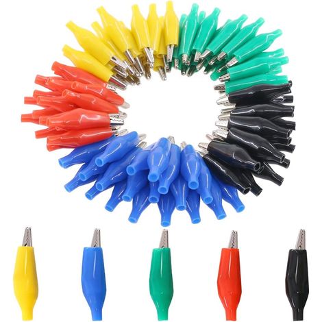 Lot de 100 pinces crocodiles de 35 mm pour test électrique avec couvercle isolant de protection noir/rouge/jaune/bleu/vert pour tests en laboratoire (1/5)