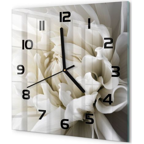 Horloge Murale Carrée Décoration Murale Verre Trempé Design Artistique Dahlia blanc 30x30 cm (1/5)