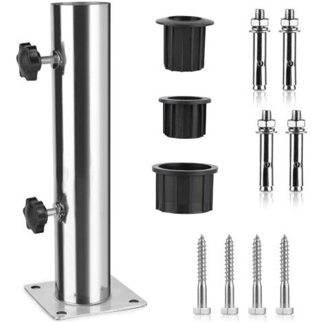 Pied de parasol en acier inoxydable réglable – 30 cm de hauteur – 5,7 cm de diamètre – 3 anneaux réducteurs PVC – 8 clous pour fixation