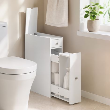 Schmaler Badezimmerschrank, Badschrank stehend mit 2 Schubladen, Weiß (1/5)