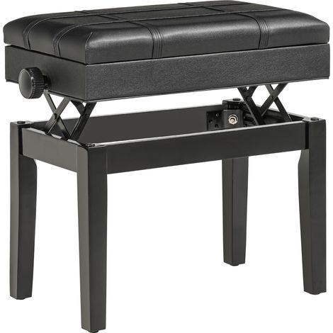 Banc de piano réglable avec rangement, coussin en cuir synthétique noir, 63x35x46-56 cm (1/5)