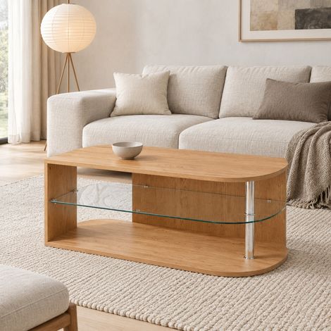Table basse de salon en MDF bois clair avec plateau en verre transparent, double rangement, design scandinave, 100 x 60 x 42 cm, idéale pour petits espaces - CHICFURN (1/5)