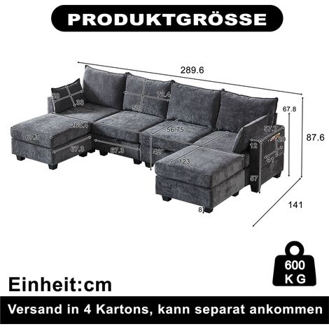 Canapé modulaire en chenille,canapé d’angle U avec ottoman de rangement,canapé 6 places avec chaise longue pour le salon-Ha
