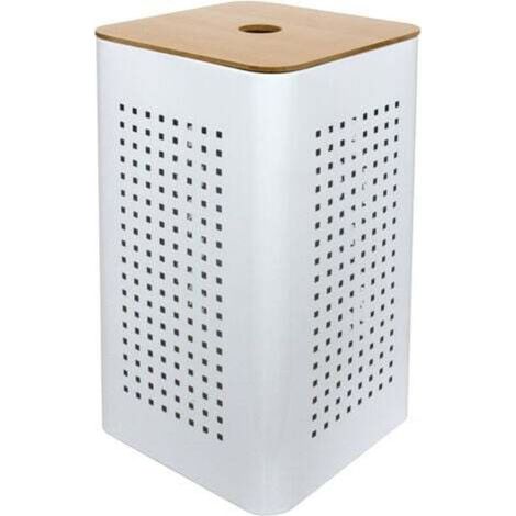 [NIEMALS VERWENDET] Weißer Wäschekorb aus Metall mit Holzdeckel, weiß, 30x30x50