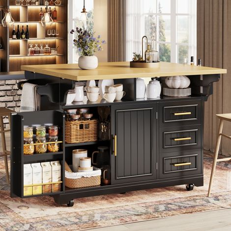 Îlot central cuisine mobile sur roulettes 120x40/80x95 cm, double plateau rabattable, portes rainurées, 3 tiroirs, étagères réglables, Noir et chêne (1/5)