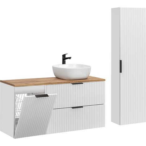 Conjunto mueble lavabo individual 120cm cesto de ropa y columna Adriel Blanco