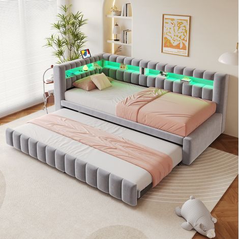 Canapé-lit 90 x 200 cm avec lit coulissant, LED, USB et Type-C, velours gris clair DESVIAE (1/5)