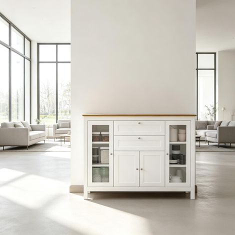 Buffet vitrine 120x40x90 cm, 4 portes dont 2 vitrées, 2 tiroirs, étagères réglables, MDF et verre trempé, blanc/bois (1/5)