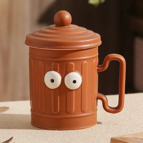 Mug en céramique avec couvercle, motif poubelle de recyclage, marron clair (470 ml) - Tasse à café créative (1/5)