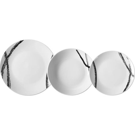 TRADE SHOP - Servizio Di Piatti Da Tavola In Porcellana 18pz Design Linee Grafiche Nere Stile Astratto - (1/3)