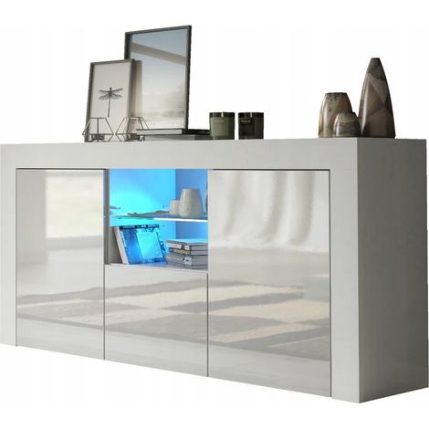 Dusine – Meuble TV haut 145 cm blanc laqué avec éclairage LED – Panneaux mélaminés FSC – Design moderne et épuré – Hauteur 70 cm, largeur 35 cm (1/4)