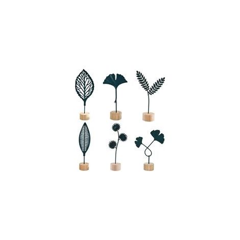 Décoration Nordique Métallique Plante avec Socle en Bois, Forme Simples de Feuilles et Fleurs, Petit Sculpture pour Bureau et Maison, Ornement de Table (1/5)