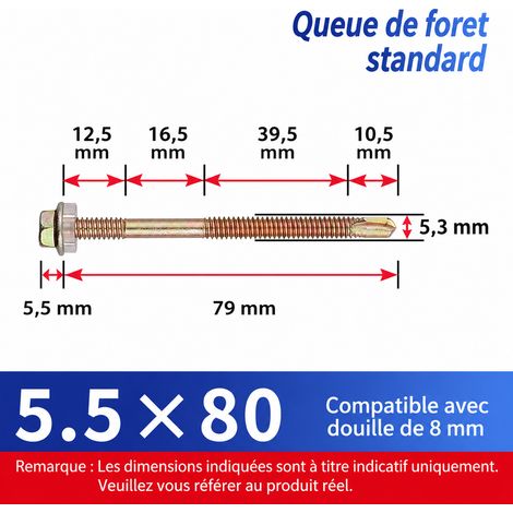Vis autoperceuses tête hexagonale 80 mm acier zingué bac acier - Boîte de 150 pièces avec douille 80 mm 150 1 kg – Livraison gratuite