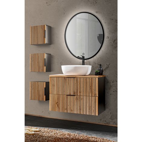 Badezimmer Set mit 3 Hängeschränken XANTEN-56 in anthrazit mit Eiche Nb. Rillen schwarz, B/H/T: ca. 130/200/46,5 cm (1/5)