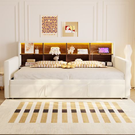 Cama tapizada 90x190 cm en terciopelo beige, con cama extraíble, cabecero con almacenaje y LED (1/5)