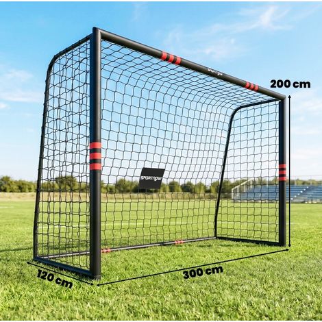 Porta da calcio 300x200 cm con protezione imbottita, ancoraggi a terra, metallo nero e rosso (1/5)