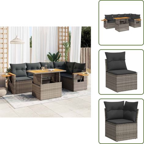 The Living Store 6-tlg. Garten-Sofagarnitur mit Kissen Grau Poly Rattan Akazie - Gartentisch (1/5)