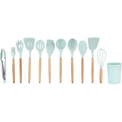 Ensemble de 12 ustensiles de cuisine antiadhésifs en silicone vert clair avec boîte de rangement (1/5)