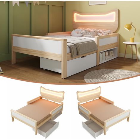 Lit enfant 90×200 cm avec tête de lit oreilles de chat et éclairage LED RGB, sommier à lattes, tiroir modulable et compartiment de rangement (montage possible à gauche ou à droite) (1/5)