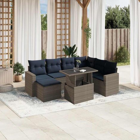 Salon de jardin 8 pièces en rotin PE gris avec coussins bleu marine et table réglable - PANGIVO (1/5)