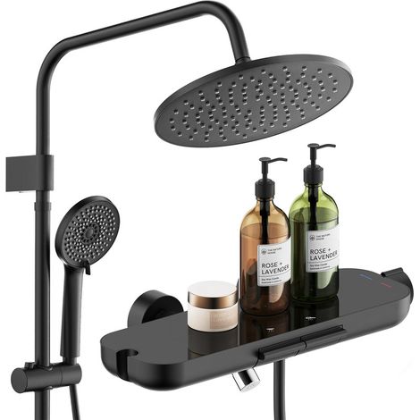 Regendusche Duschsystem mit Badewannenarmatur Glasablage, Schwarz Handbrause mit 4 Funktionen, 360° drehbarer Auslauf, Badewannenarmaturen mit Duschbrause, Mischbatterie zur Wandmontage