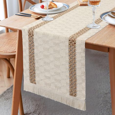 Runner De Table - Macramé Coton Lin - Finitions À Pompons - Style Rustique Bohème - Pour Table À Manger Buffet Coffre TV - 30 x 180 cm