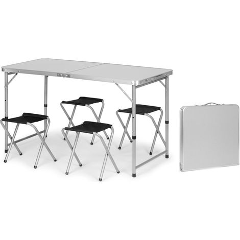 Tavolo da giardino pieghevole in valigia con maniglia per il trasporto e regolazione in altezza, e set di 4 sedie 120x60x70 cm argento
