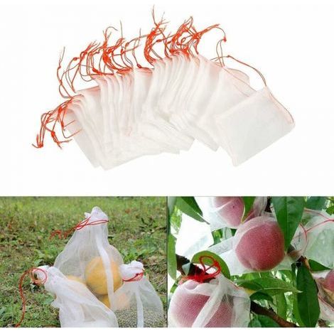 Confezione da 100 sacchetti a rete anti-insetti, rete protettiva in nylon per giardino, sacchetti riutilizzabili per la protezione di frutta e piante, sacchetti anti-uccelli per uva con coulisse (25 x (1/5)