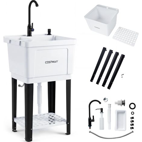 COSTWAY Évier de Cuisine Autoportant, Évier Utilitaire avec Robinet Pivotant Distributeur de Savon Pieds Réglables Système de Vidange, Lavabo Indépendante pour Buanderie Jardin Garage (1/5)