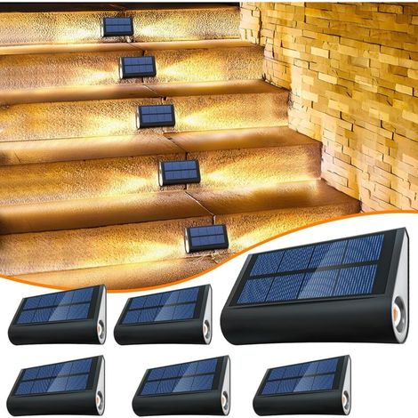 Juego de 6 luces solares LED para exteriores, ideales para escaleras y jardín, con iluminación blanca cálida para escalones y resistencia al agua IPX5 (1/5)