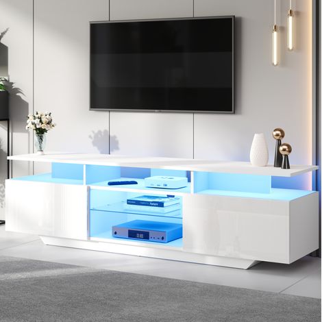 TV Möbel mit LED und 8 Ablageflächen 160x40x45 Weiß OKMYHOME (1/5)